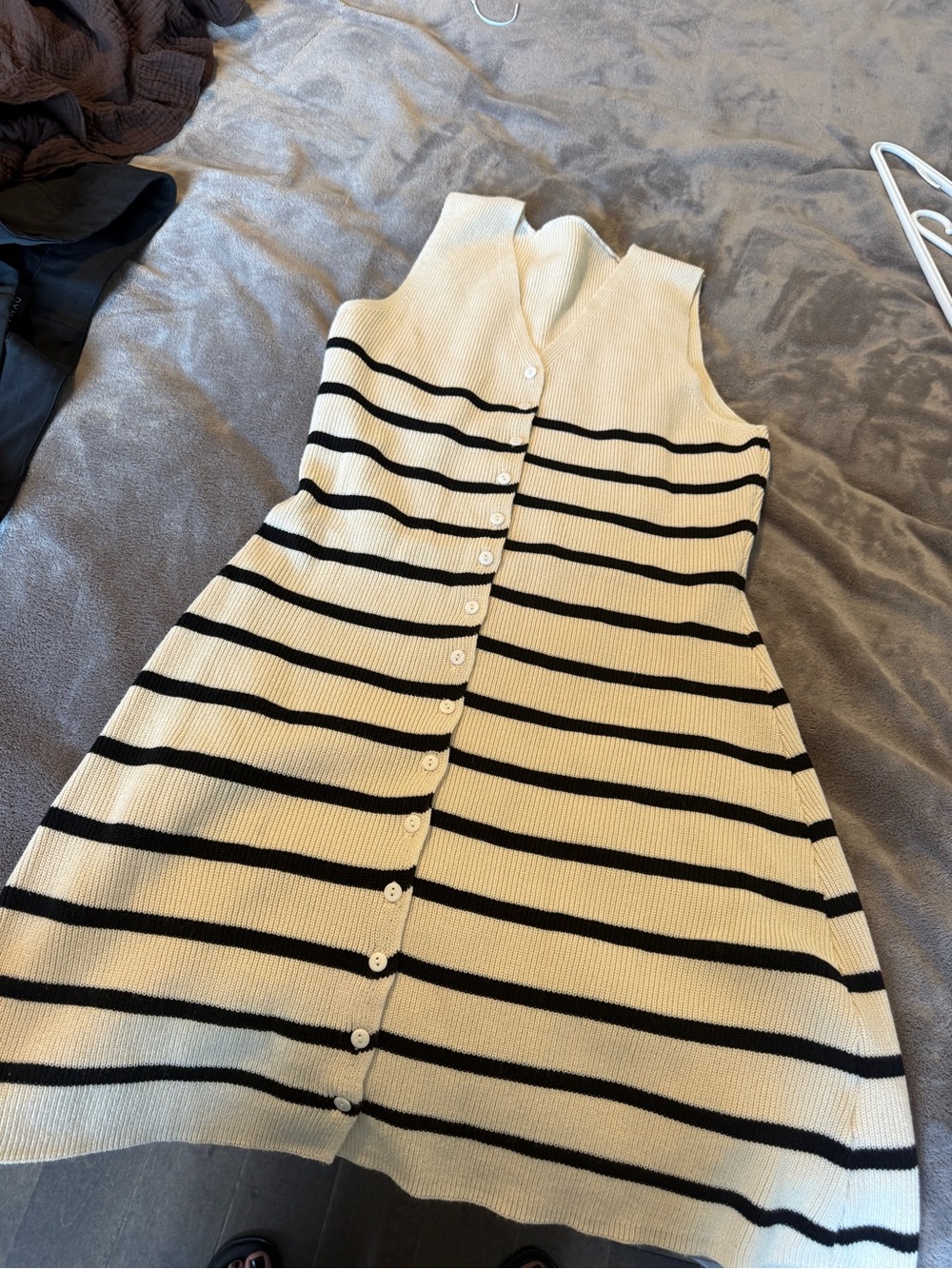 Sleeveless Knit Button-Front Stripe Dress in Cream and Black
